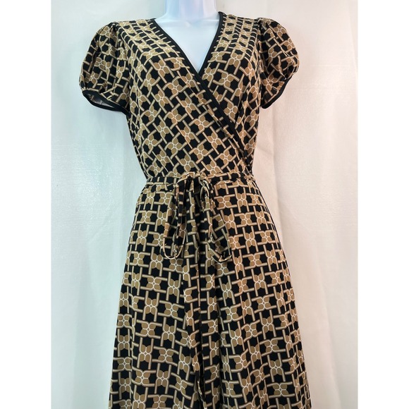 Women's Geometric‎ Wrap Midi Dress Short Puff Sleeves S Secretary 50's Church - Picture 11 of 13